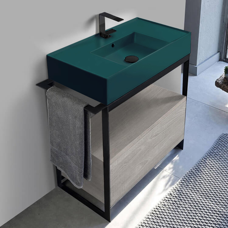 Scarabeo 5123-55-SOL1-88 Green Sink Bathroom Vanity, Floor Standing, Modern, Grey Oak, 35 Inch
